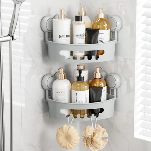 Miniatura 12 de TAILI Organizador de ducha de esquina con ventosas, organizador de pared montado, estante de plástico para baños pequeños, cocina, cesta de estante