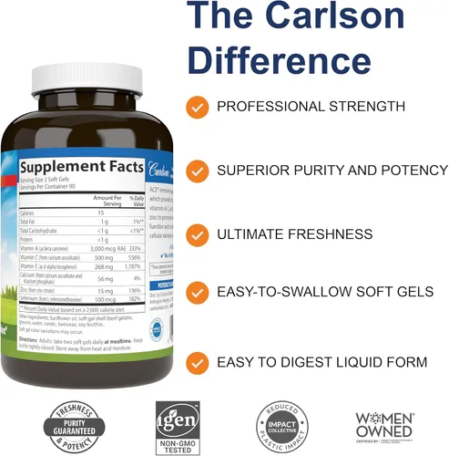 Miniatura 2 de Carlson - ACES + Zn, vitaminas A, C, E + selenio y zinc, salud celular y apoyo inmunológico, antioxidante, 180 cápsulas blandas