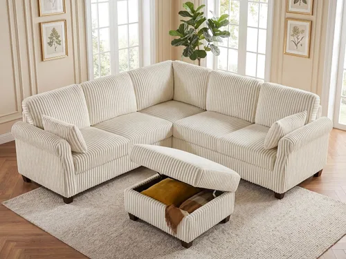 Miniatura 3 de Sofá modular modular en forma de V de 90.6 pulgadas con otomana de almacenamiento, sofá esquinero de pana de 6 asientos con asiento profundo