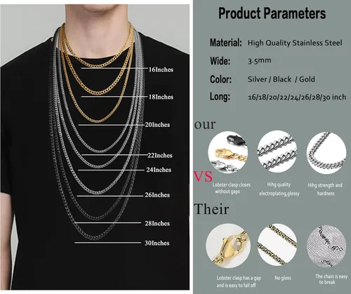 Miniatura 3 de Jstyle Collar de cadena de eslabones de acero inoxidable para hombres y mujeres, 3 piezas de 964 de pulgada (3.5 mm)