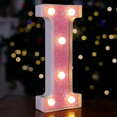 Miniatura 20 de Letras con luces LED, letras de marquesina con brillantina rosa, letras del alfabeto, letreros iluminados por pilas, para decoración de fiestas
