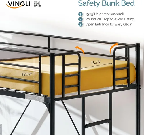 Miniatura 5 de VINGLI Cama Loft de 71 Pulgadas de Alto Tamaño Twin con Escalera de Peldaños Planos para Niños Adolescentes Adultos Cama Litera Individual de Metal