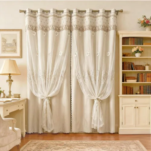 Miniatura 4 de Amidoudou 1 par de cortinas europeas de doble capa para sala de estar, dormitorio, cortinas bordadas de flores de lujo con cenefa