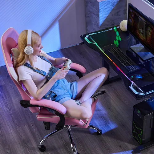 Miniatura 2 de DUMOS - Silla de escritorio de oficina para juegos con reposapiés y reposacabezas para adultos, silla ergonómica de piel sintética para computadora