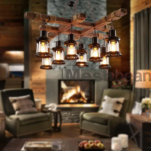 Miniatura 5 de iMeshbean Lámpara colgante de madera industrial de 8 luces, lámpara de techo para cocina, bar, mesa de billar