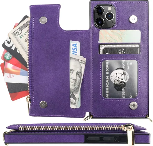 Miniatura 3 de Bocasal Funda tipo cartera cruzada para iPhone 11 Pro con tarjetero, protector de ranura para tarjetas con cremallera, a prueba de golpes