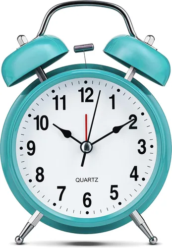 Miniatura 3 de Bernhard Products Reloj despertador analógico de 4 pulgadas, doble campana, color azul, silencioso, sin tictac, de cuarzo, funciona con pilas, extra