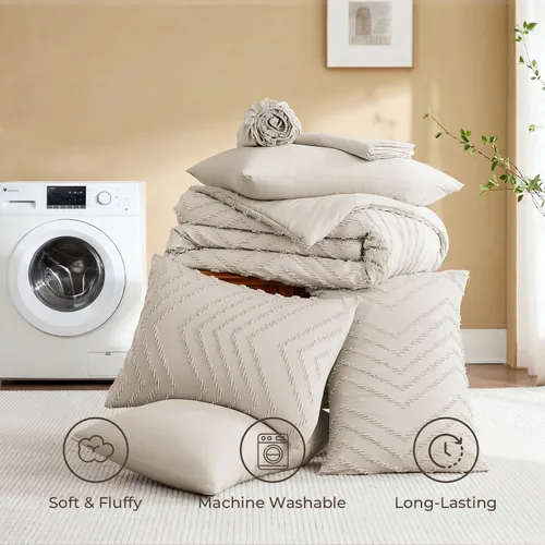 Miniatura 8 de Litanika Juego de ropa de cama con edredón tamaño King con sábanas beige - Juego de 7 piezas en una bolsa, diseño King Chevron copetudo bohemio