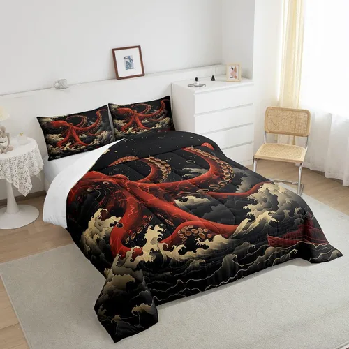 Miniatura 4 de Octopus - Juego de edredón para niños, tamaño matrimonial, nubes oscuras, olas del océano, juego de ropa de cama retro trippy decoración de Rojo