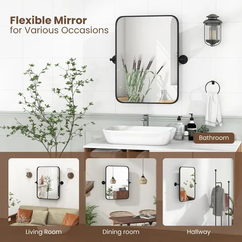 Miniatura 6 de Tangkula Espejo pivote de 30 x 22 pulgadas, espejo de baño inclinable con película inastillable, soportes de pared, espejo enmarcado para montaje