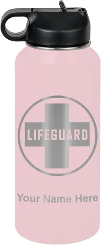 Miniatura 39 de LaserGram Botella de agua personalizada, salvavidas, acero inoxidable de doble pared aislada al vacío con popote superior, regalo grabado Negro