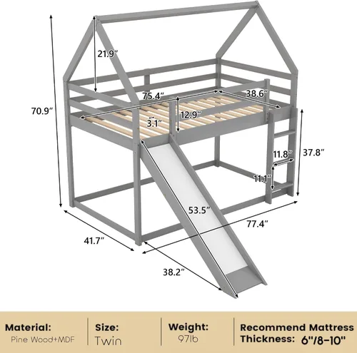 Miniatura 2 de Harper & Bright Designs - Litera de casa individual sobre cama individual con tobogán para niños y niñas, litera de piso de madera con techo y Gris
