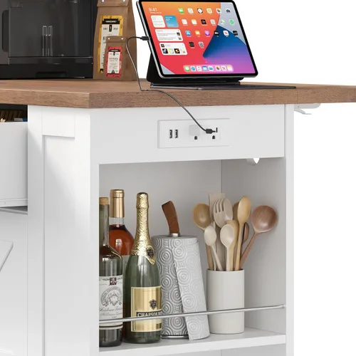 Miniatura 5 de Keyluv Isla de almacenamiento de cocina con 2 taburetes, carrito de cocina móvil de 51.2 pulgadas con hoja de caída y toma de corriente, mesa