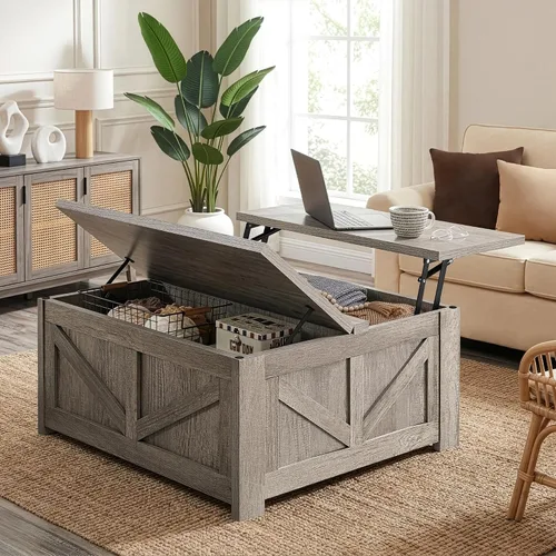 Miniatura 11 de Yaheetech - Mesa de centro con superficie superior abatible con almacenamiento, mesa de café cuadrada para sala de estar, mesas centrales de 31.5