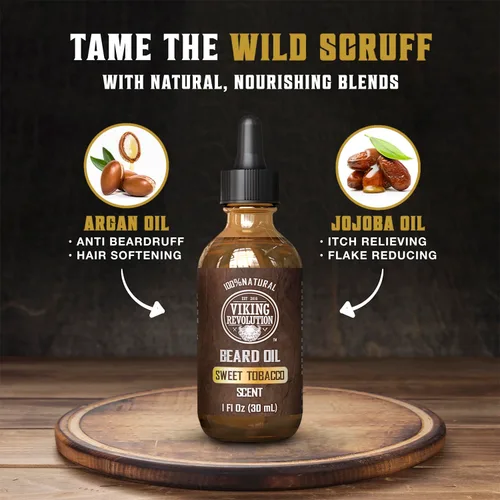 Miniatura 3 de Viking Revolution Aceite de barba de tabaco dulce para hombres, aceite natural para barba con aceite de argán y aceite de jojoba, suavizante