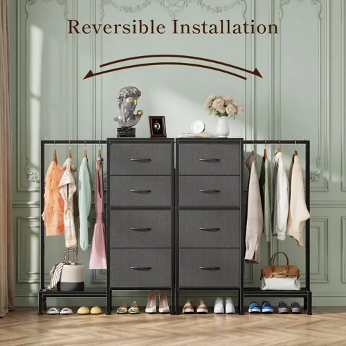 Miniatura 9 de HIGDBFE Cómoda con Perchero Colgante, 4 Cajones Armario Pequeño para Dormitorio, Cómoda de Tela Reversible para Niños con Perchero, Torre de Gris