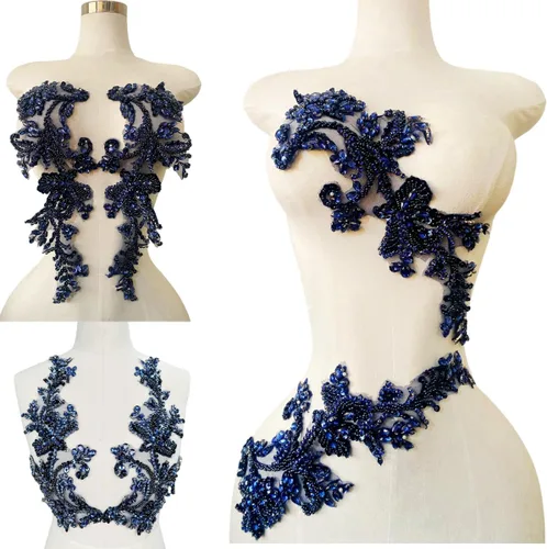 Miniatura 11 de Parches de apliques de encaje brillantes hechos a mano con cuentas de costura, lentejuelas y accesorios para vestido de novia, un par/bolsa Plata