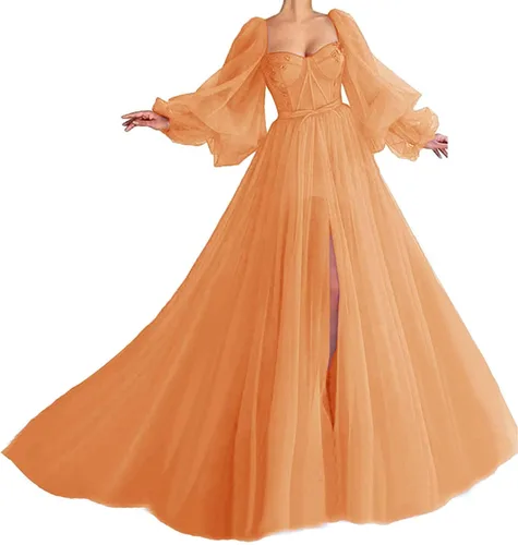 Tianzhihe Vestido de fiesta de tul vintage con mangas abullonadas con escote corazón dividido vestido largo de fiesta de noche
