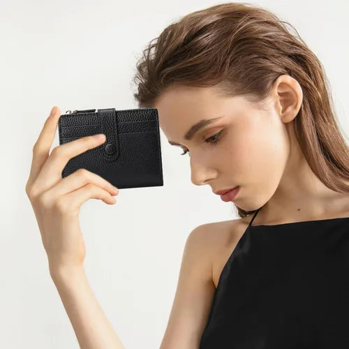 Miniatura 6 de FALAN MULE - Carteras pequeñas para mujer con bloqueo RFID, piel auténtica, cartera plegable delgada con cremallera y monedero para monedas