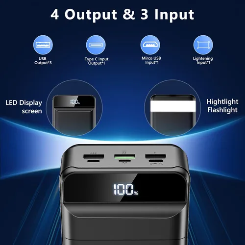 Miniatura 4 de LQHUE Power Bank 60000mAh 22.5W Cargador portátil de carga rápida con linterna, 4 salidas y 3 entradas pantalla LED, gran capacidad, batería externa