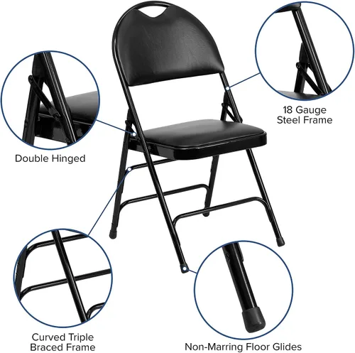 Miniatura 7 de Flash Furniture HERCULES Series Ultra Premium Triple Braced Black Vinyl Metal Silla plegable con asa fácil de transportar Marco negro de vinilo.