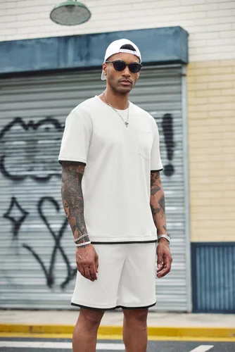Miniatura 72 de COOFANDY Conjunto de camisa y pantalones cortos de gofre para hombre, conjunto de 2 piezas, conjunto casual de verano con bolsillos