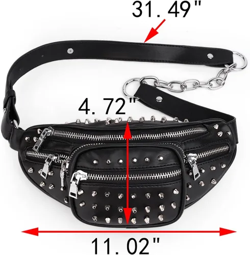 Miniatura 7 de UTO Fanny-Pack-for-Women's - Riñonera vegana de cuero con remaches tachuelas, ligera, con cremallera, bolsillo al hombro, 0879 Negro