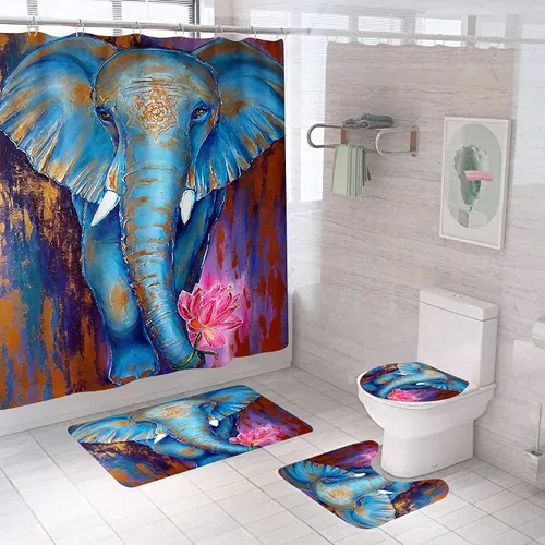 Juego de 4 cortinas de ducha de elefante, coloridas flores salvajes africanas, cortina de ducha bohemia para decoración de baño con alfombras, tapa