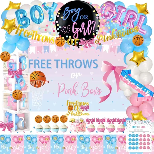 Miniatura 18 de Hombae - 170 piezas de decoraciones para revelación de género “cajas de bebé”, con fondo, guirnalda de globos, pancarta, mantel