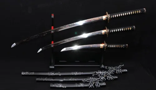 Miniatura 9 de Katana Wakizashi Tanto de arcilla japonesa forjada a mano, 3 piezas, corte real