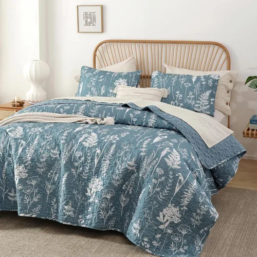 JANZAA Edredón Tamaño Queen de 3 Piezas con Diseño Botánico, Juego de Colchas Tamaño Queen con Estampado Floral, Edredón Ligero de Microfibra Azul