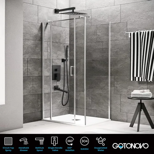 Miniatura 2 de gotonovo Grifo de ducha negro mate, montaje en pared, sistema de ducha de baño de triple función con boquilla de bañera, cuadrado de alta presión