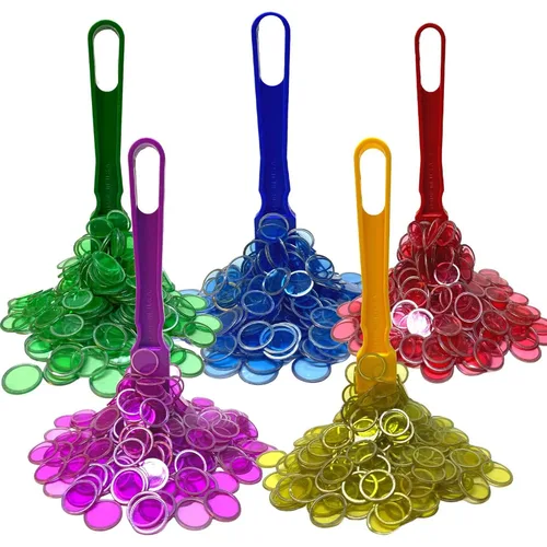 MR CHIPS Hecho en EE. UU. Juego de 5 varitas magnéticas de bingo y 500 piezas de fichas de plástico de ¾ pulgada mejoradas con anillos de metal en 5