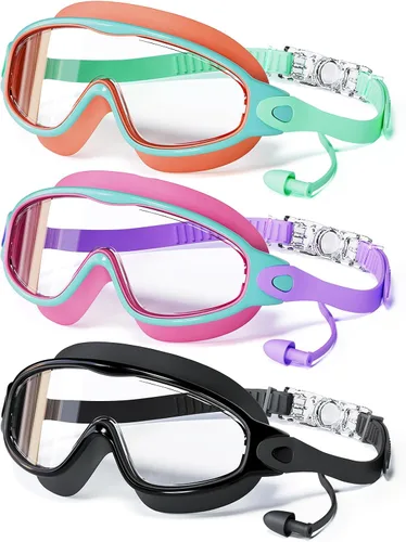 Miniatura 10 de Paquete de 3 gafas de natación para niños, con tapones para los oídos, marco grande, antivaho, UV, visión amplia, para niños y niñas de 4 a 12 años