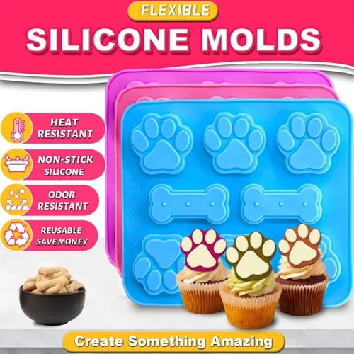 Miniatura 2 de 3 moldes de silicona de pata de cachorro y hueso, molde antiadherente para dulces, moldes reutilizables para cubitos de hielo para perros 3 moldes