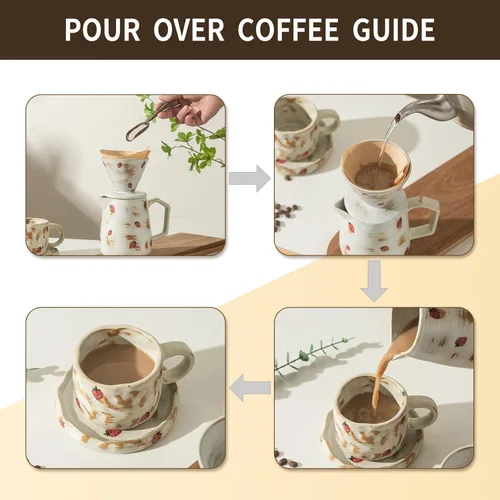 Miniatura 5 de Juego de cafetera hecha a mano con taza de café con patrón de fresa, 20 unidades, filtro de papel V60, cafetera de goteo de 20 onzas (fresa)