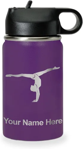 Miniatura 45 de LaserGram Botella de agua personalizada, gimnasta niña, acero inoxidable de doble pared aislada al vacío con popote superior, regalo grabado Azul