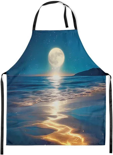 Miniatura 22 de Castle Fairy Mountain Moon Chef Apron,Starry Night Sky Apron 31"x26",Natural Landscape Painting Kitchen Aprons for Women Blue Beige Yellow
