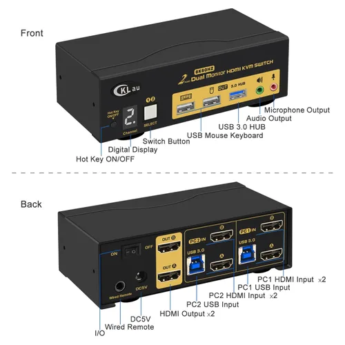 Miniatura 5 de 2x2 USB 3.0 HDMI KVM Switch 2 Monitores 2 Computadoras con Cables Soporte 8K@60Hz, 4K @144Hz, Emulación EDID, Conmutación de teclas de acceso