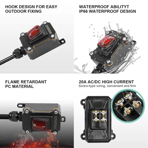 Miniatura 2 de Interruptor de cable en línea DPST AC/DC 20A-125V, 16A-250V, 30A-24V, 35A-12V, IP68 impermeable (encendido), apagado (encendido) con botones de luz