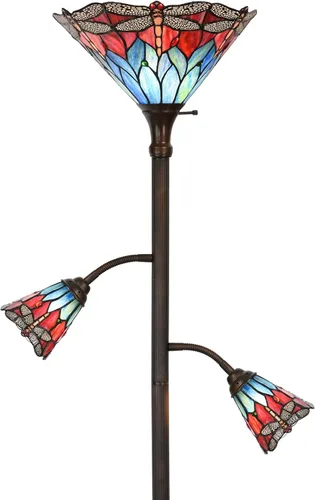 Miniatura 11 de Bieye L10838 Lámpara de pie Tiffany estilo flamenca con vitral y luces laterales para lectura, 177.8 cm de alto (Llama, Rojo)
