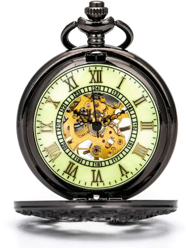 Miniatura 2 de BOSHIYA Mens Vintage Skeleton Pocket Watch Steampunk Windup Half Hunter Mechanism Gear Cover with Chain
