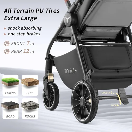 Miniatura 3 de Tinyiota Cochecito para bebés, cochecitos para niños pequeños con toldo grande UPF 50+, cochecito de bebé de lujo con mango de cuero y asiento Gris