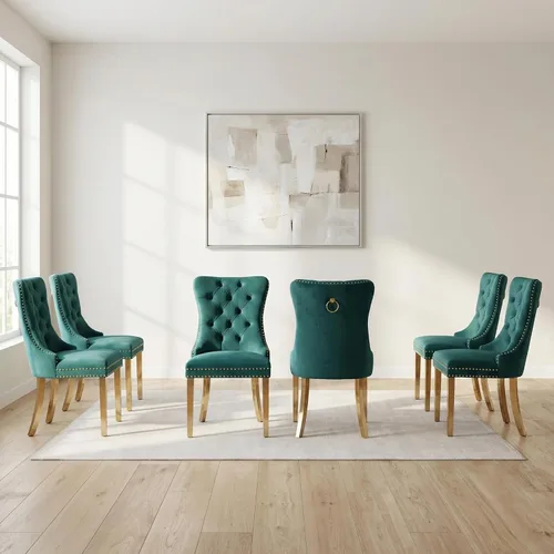 Miniatura 159 de OVENTA Juego de 4 sillas de comedor modernas tapizadas copetudas, terciopelo negro y gris y cuero con patas de madera maciza, sillas de cocina