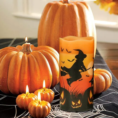 Miniatura 3 de Eldnacele Velas LED sin llama parpadeantes de Halloween, funcionan con pilas, con temporizador de 6H, calcomanías de calavera, telaraña, cuervo