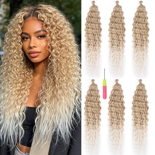 Miniatura 27 de MAYSA Extensiones de cabello sintético de ganchillo con ondas oceánicas, color 4 marrón, 22 pulgadas, rizado trenzado, extensiones de cabello