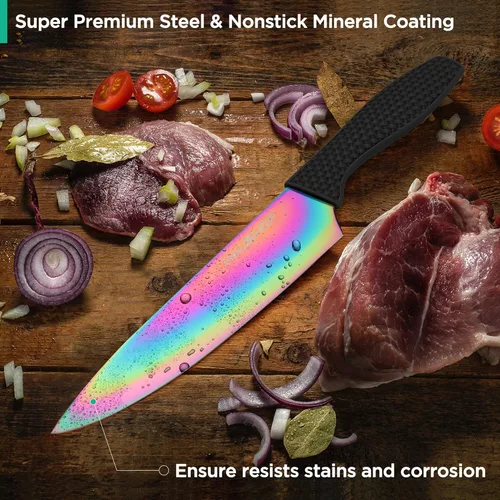 Miniatura 5 de HAUSHOF Juego de Cuchillos de Cocina, Juego de 5 Cuchillos Arcoíris con Bloque Acrílico, Juego de Cuchillos Negros con Revestimiento de Titanio