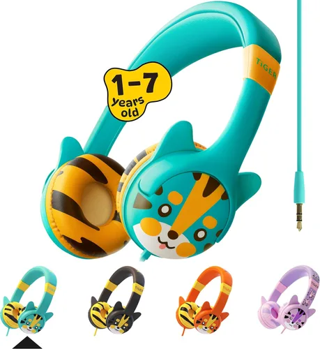 Auriculares con cable Kidrox para niños pequeños de 1 a 7 años — Auriculares para bebés con volumen limitado de 85 dB para viajes en avión y Turquesa