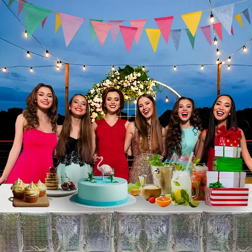 Miniatura 7 de GREATRIL Cortinas con flecos de lámina dorada, 2 paquetes y manteles plateados para fiestas, 2 paquetes para decoración de fondo de fiesta