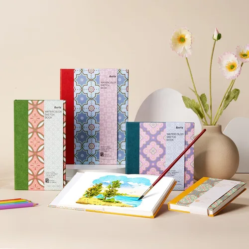 Miniatura 7 de Arrtx - Paquete de 2 cuadernos de bocetos de acuarela, 5.35 x 3.86, 140 libras, 300 GSM, papel 100% algodón, prensa en caliente, 40 hojas, diario